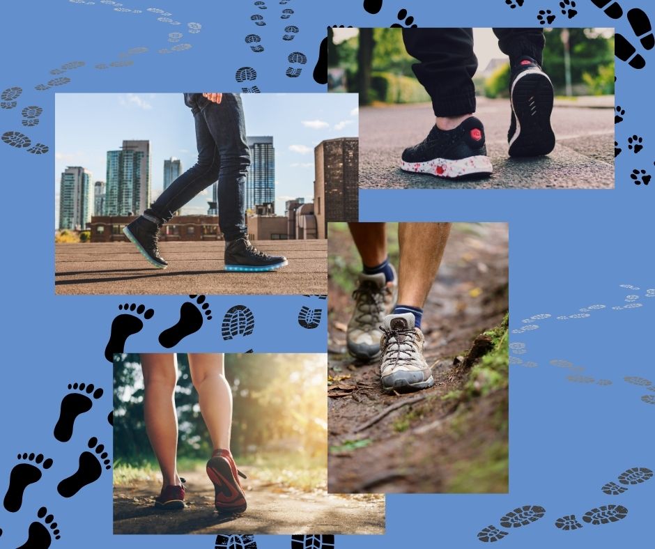 Photos of peoples legs and shoes; footprint graphics